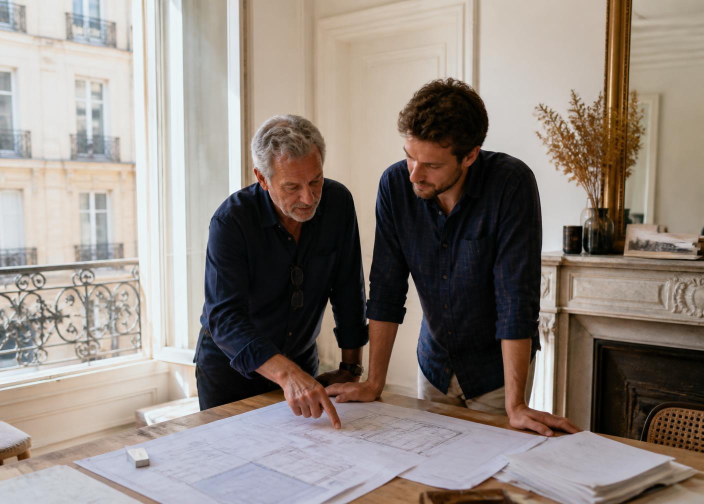 Joe El Hayek et son fils étudiant les plans d'un appartement parisien