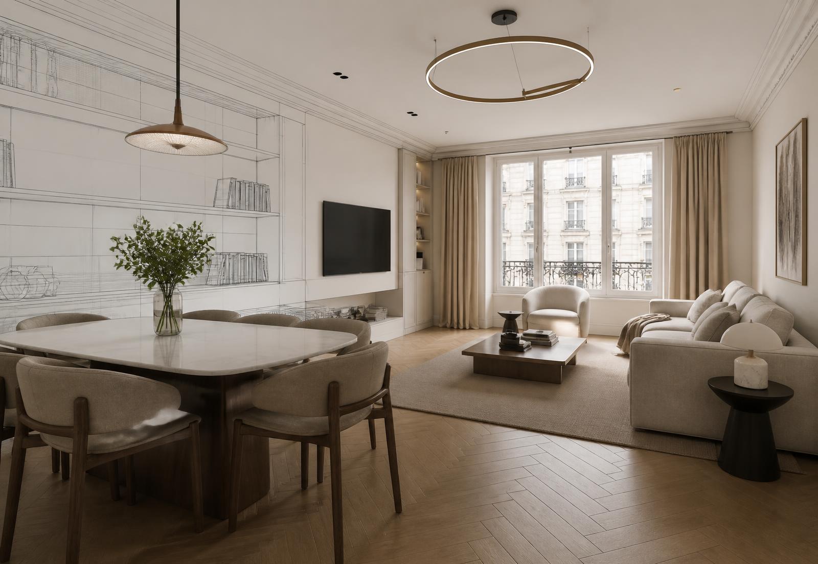 Rendu 3D d'un séjour parisien avant travaux